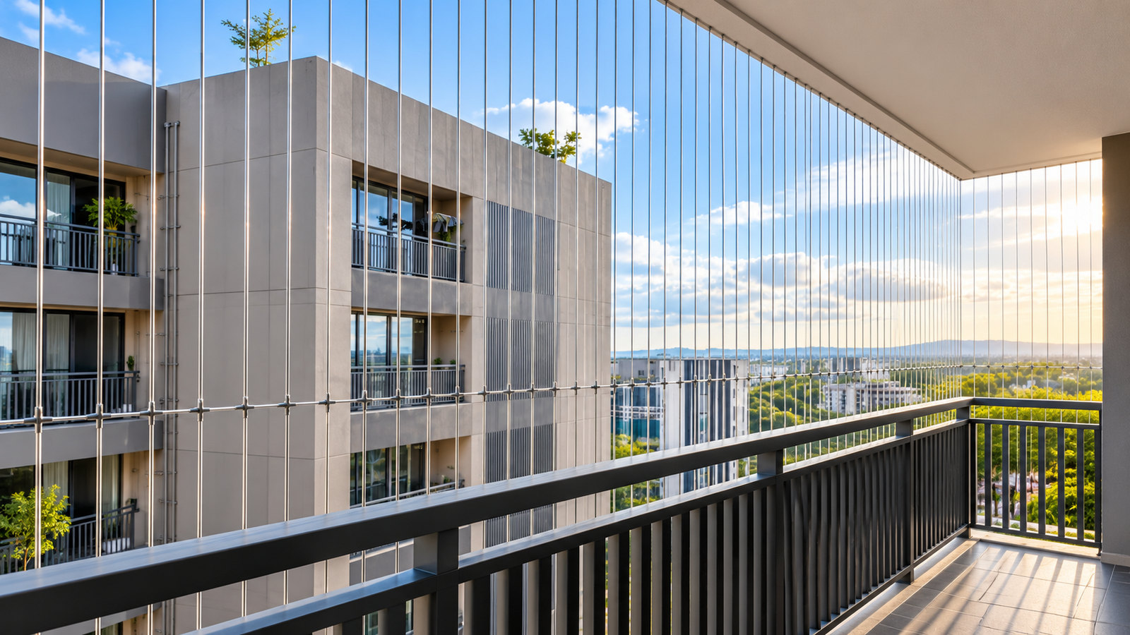 Invisible grill cable layout on a balcony
