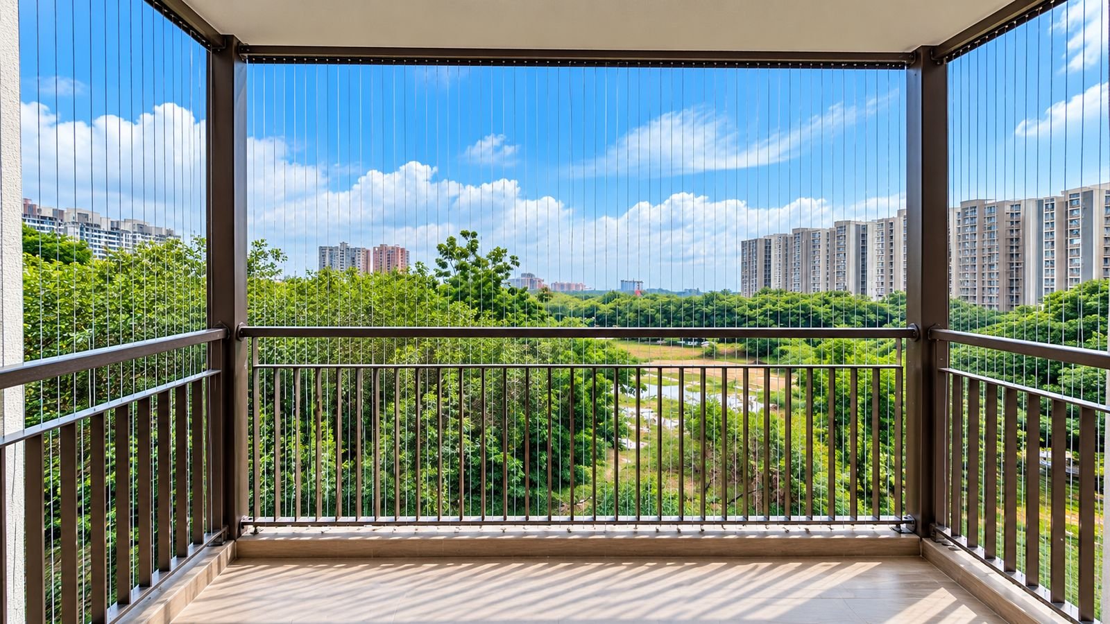 Invisible grill installation across a modern balcony facade