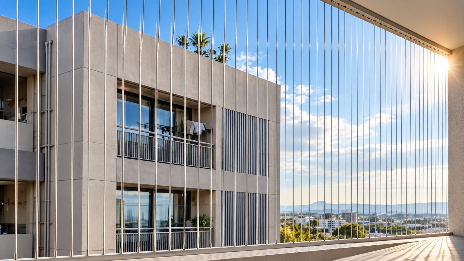 Invisible grill installation on a balcony with an open city view